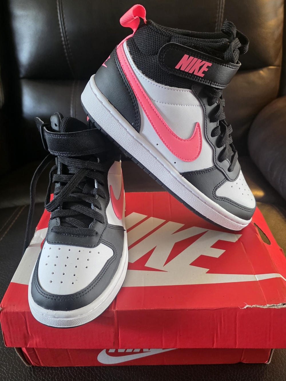 Nike Kids' Court Borough Mid 2 High-Top Sneakers in Black, White & Pink
